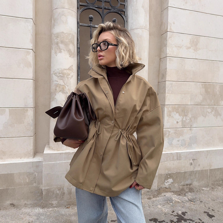 Stand-collar Mid-length Windbreaker Drawstring Waist Jacket