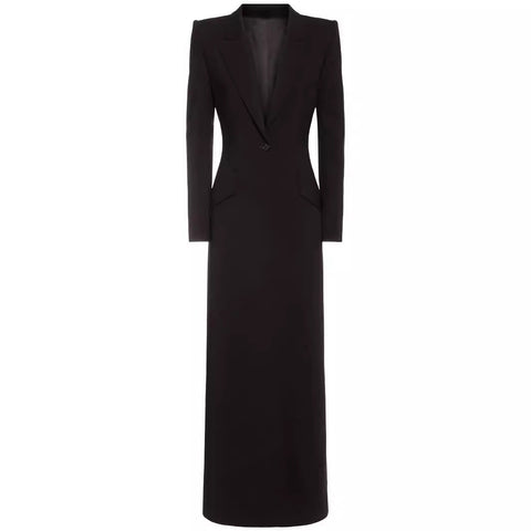 Elegant One Button Long Slim Black Suit Large Coat